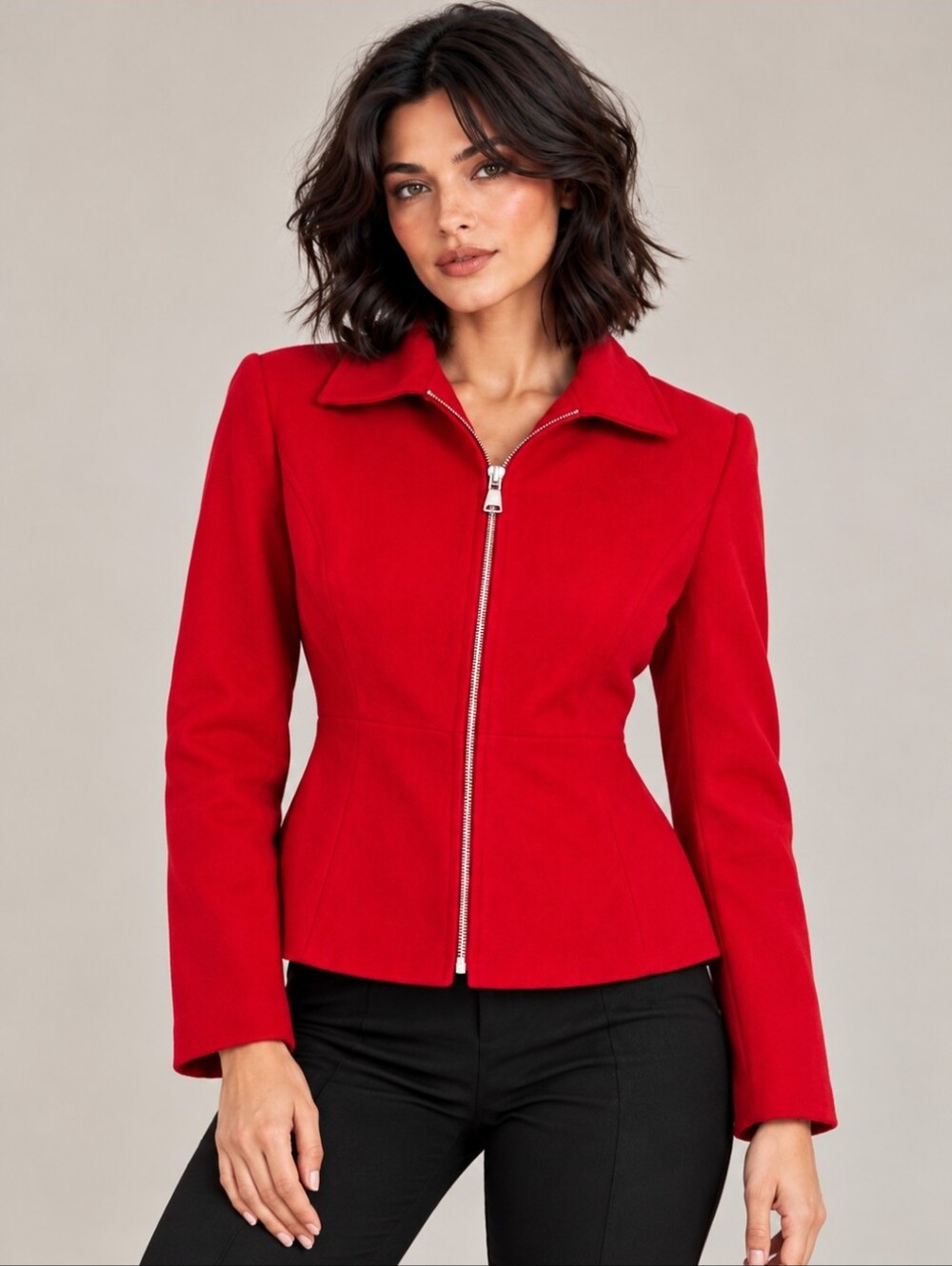 Red Cashmere-Wool Blend Tailored Zip-Front Jacket | Size 10
